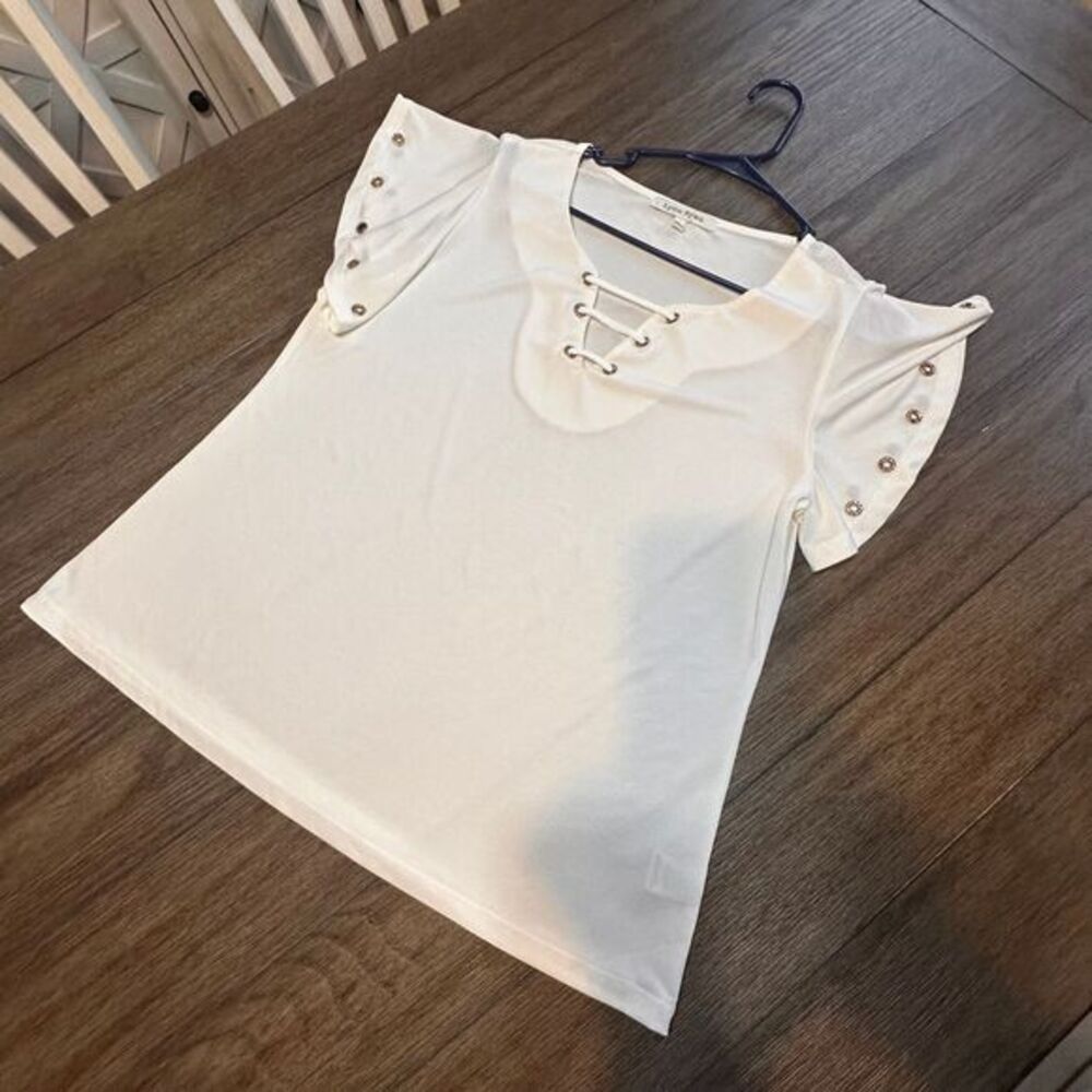 Lynn Ryan‎ White Lace-Up Short Sleeve Blouse Grommet Details Casual Summer top L